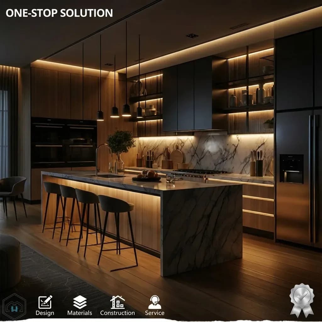 Custom Luxury Modern Kitchen Cabinet System Large Marble Waterfall Island Modular Wood Cabinetry Lacquer Glass One-stop Solution