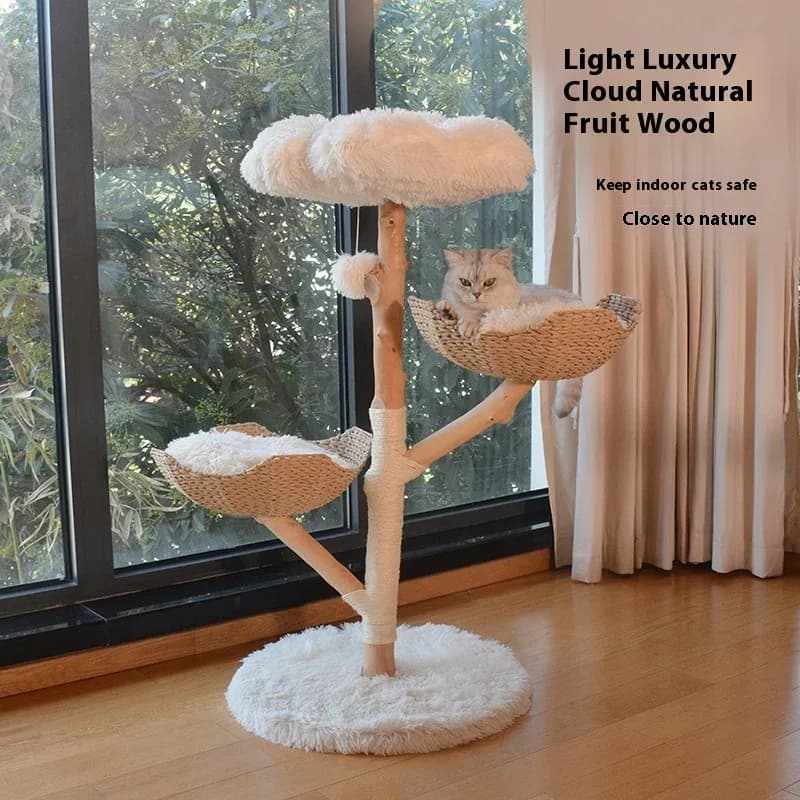 Luxury Natural Solid Wood Cat Tree Plush Cat Toy Sisal Column Jumping Platform Supports Customization Comes Carton Packaging