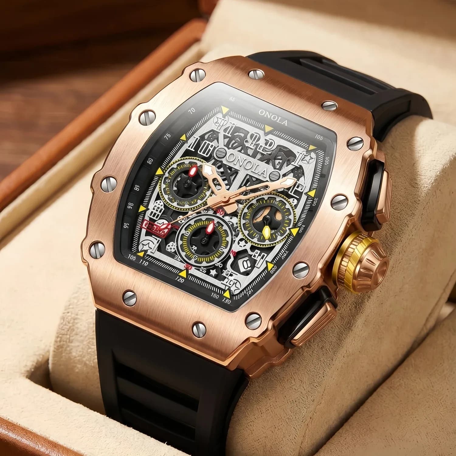 Fashion Luxury Classic Wine Barrel Design Men's Watch Brand Onola Multifunctional Quartz Tape Waterproof Watch On6826