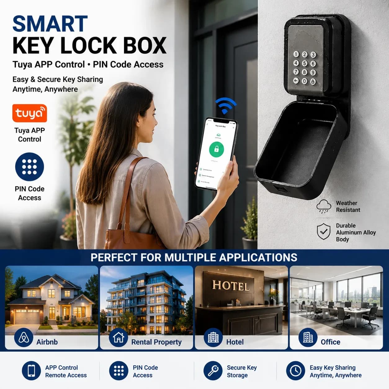 Tuya Smart Key Lock Box Pin Code App Control Aluminum Alloy Outdoor Key Safe With Protective Cover Digital Password Storage Box