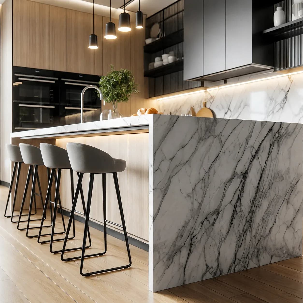 Custom Luxury Modern Kitchen Cabinet System Large Marble Waterfall Island Modular Wood Cabinetry Lacquer Glass One-stop Solution
