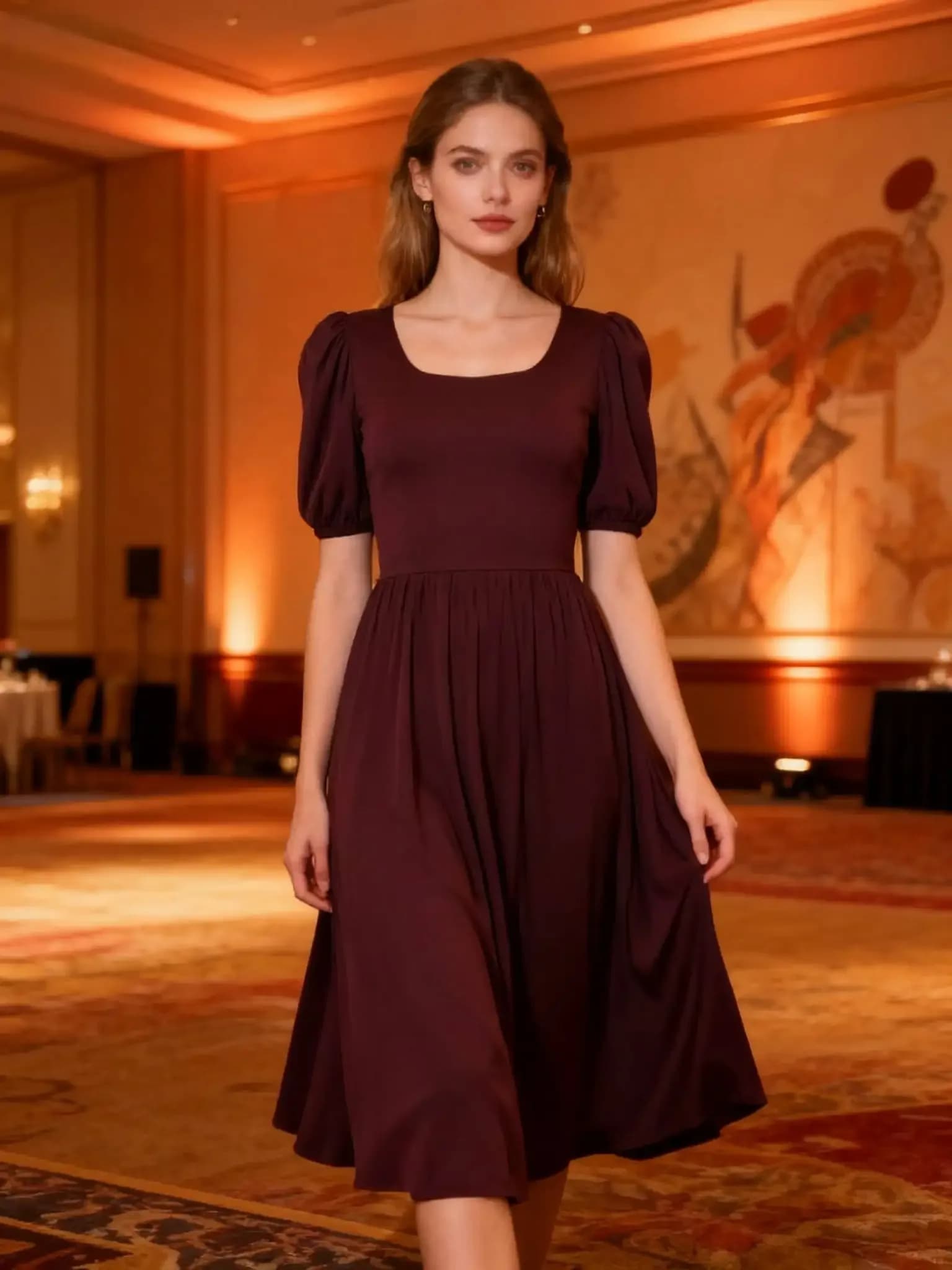 Elegant Square Neck Lantern Sleeve A-line Midi Dress Elastic Waist Spandex Rayon Breathable Party Dress