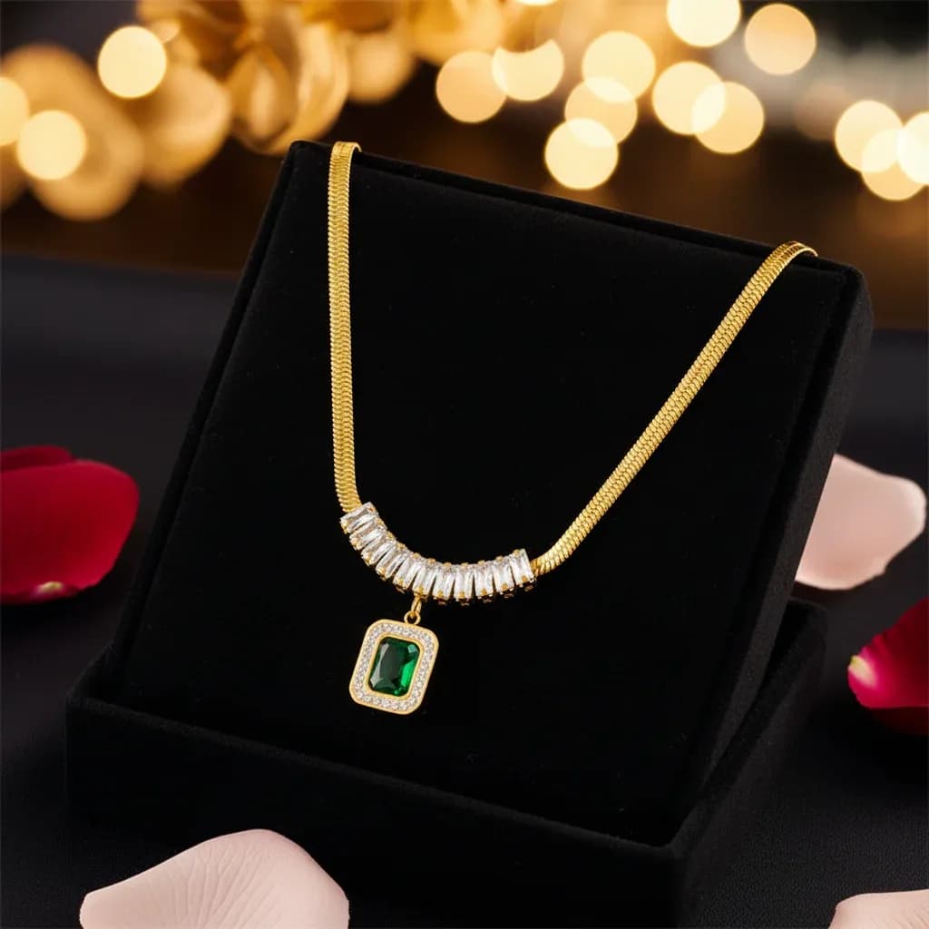 Td Luxury Stainless Steel Crystal Rhinestone Square Pendant Clavicle Chain Earrings Bracelet Set Trendy Gold Plated Women