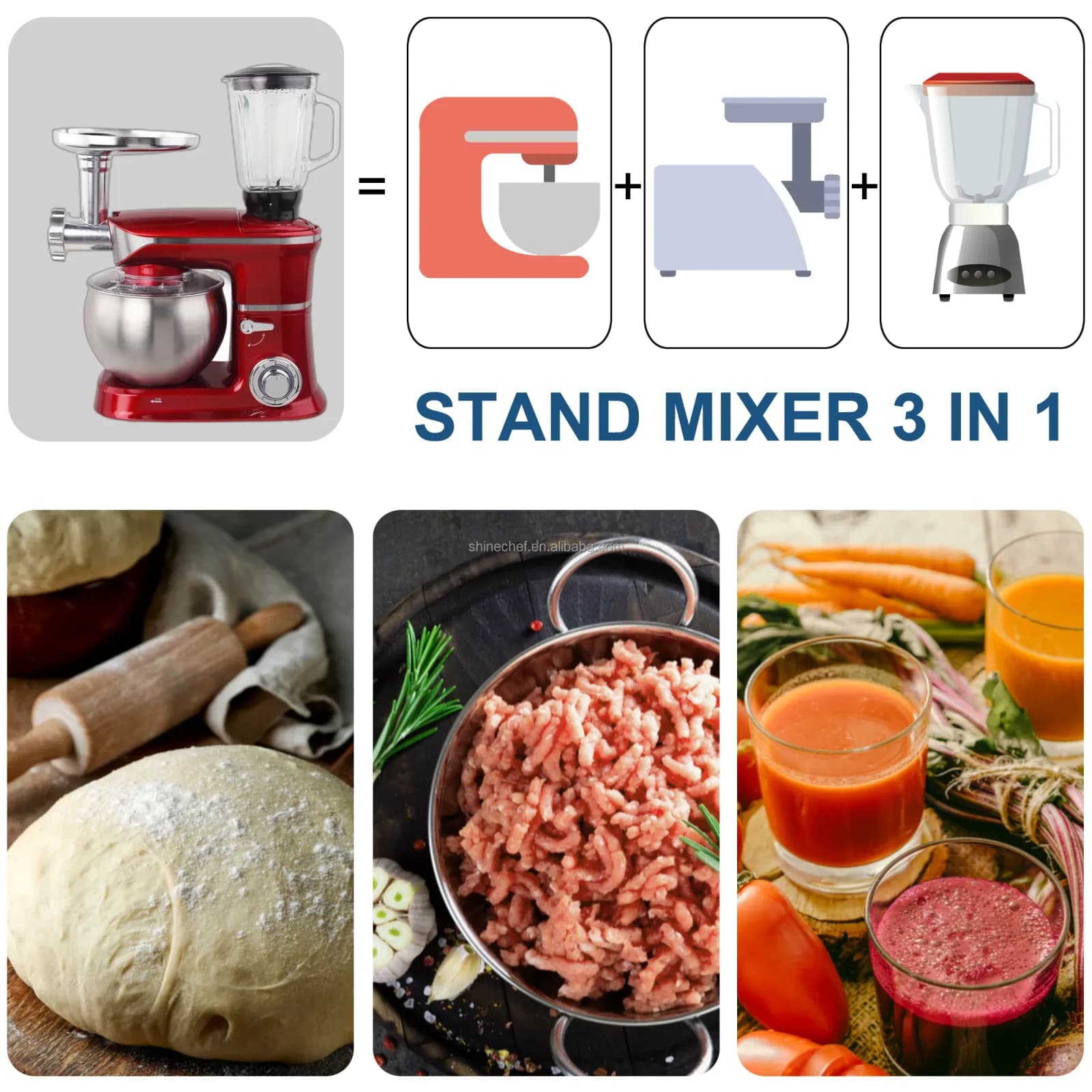 Electric Large Capacity 1000w 5l Multi-function 3-in-1 Stainless Steel Stand Mixer With Meat Grinder And Blender Accessories