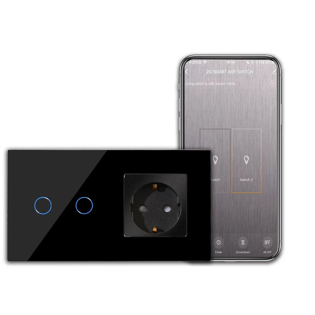 Bingoelec Eu Standard Smart Home 2 Gang Crystal Glass Panel Tuya Wifi Touch Light Sockets And Switches Electrical