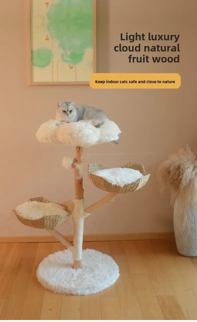 Luxury Natural Solid Wood Cat Tree Plush Cat Toy Sisal Column Jumping Platform Supports Customization Comes Carton Packaging