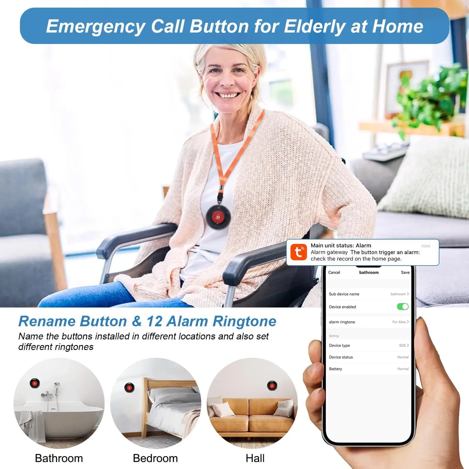 Daytech Tuya Smart Wireless Calling System Pagers Elderly Bracelet Sos Emergency Caregiver Call Button Patient Personal Alarm