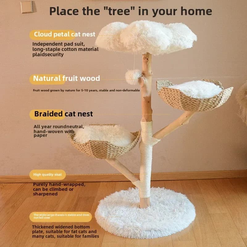 Luxury Natural Solid Wood Cat Tree Plush Cat Toy Sisal Column Jumping Platform Supports Customization Comes Carton Packaging