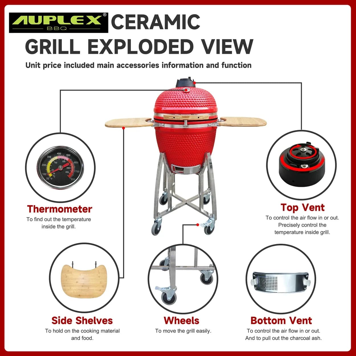 Auplex Premium Wholesale Ceramic Kamado 21" Gold Heavy Duty Charcoal Grill Electronic Ignition For Outdoor Kitchen Bbq Trolley
