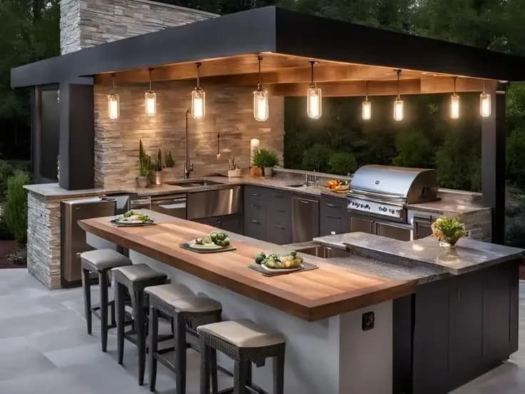 Artisan Luxury Outdoor Kitchen Cabinets With Built-in Grill &amp; Bar Counter For Patio