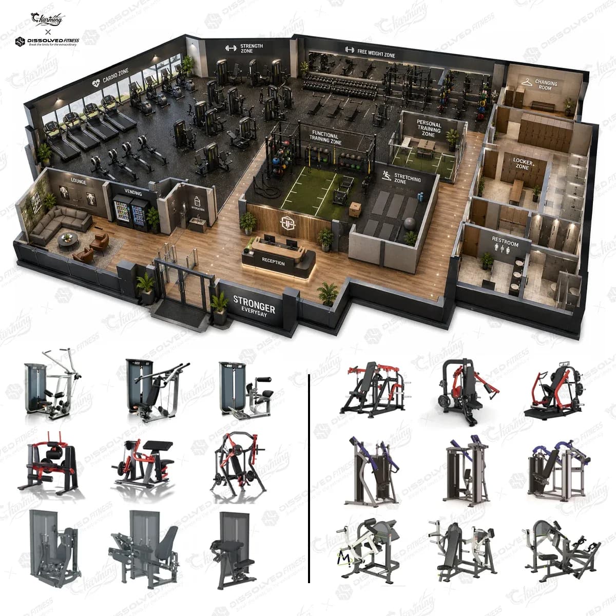 Full Set Commercial Gym Equipment Weight Pilates Fitness Machines Accessories 500sqm Gym Solution Import China Wholesale