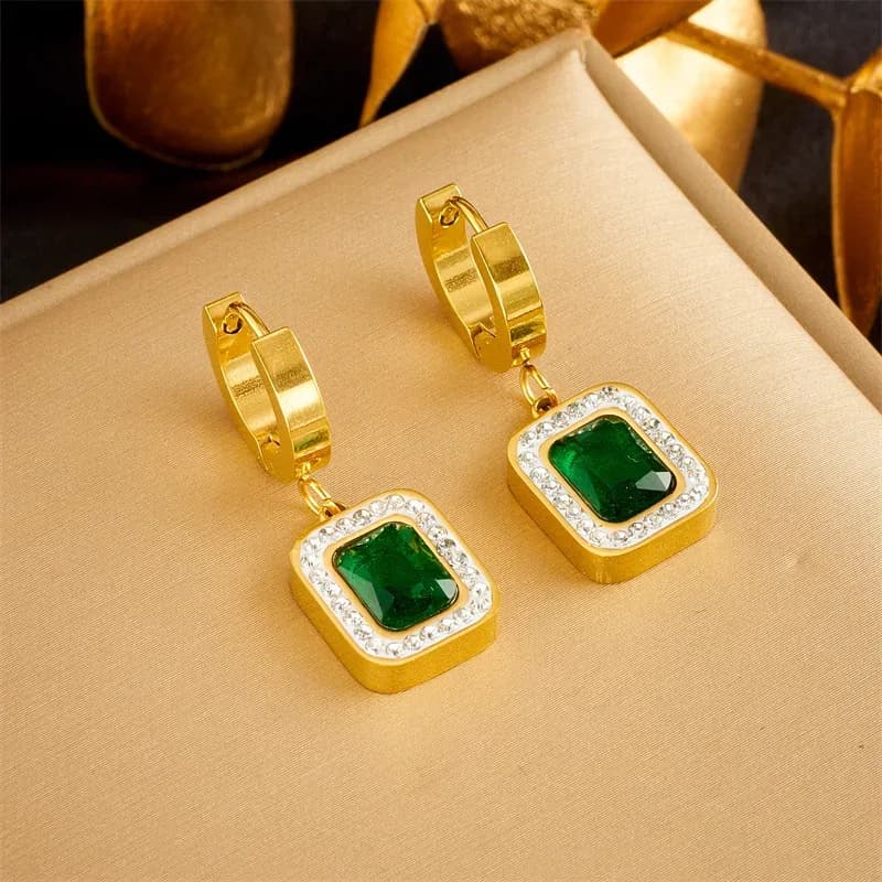 Td Luxury Stainless Steel Crystal Rhinestone Square Pendant Clavicle Chain Earrings Bracelet Set Trendy Gold Plated Women