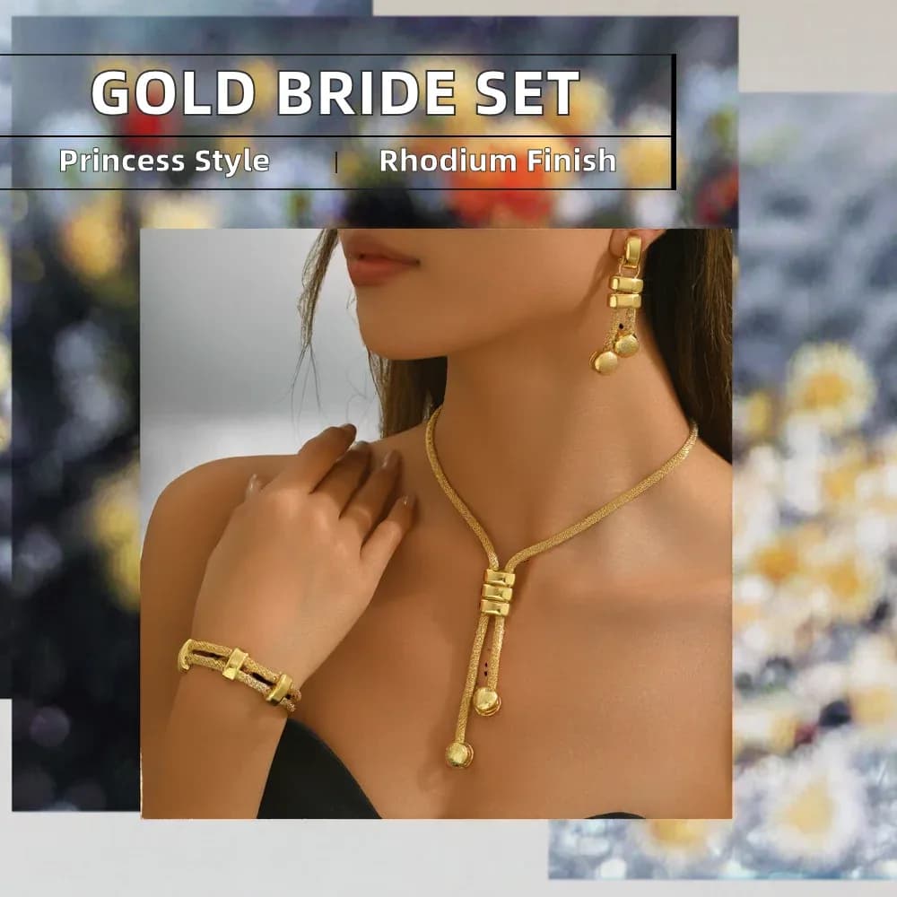 18k Gold-plated Fashionable Women's Jewelry Wedding Set,High-end Design Earrings,Necklace,Bracelet,Bride's Party Gift