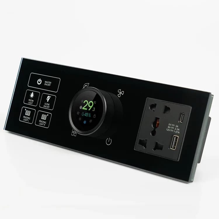 18d Hotel Use 3 Connected Touch Light Switch With Thermostat And Dual Power Socket Smart Home Products Wall Switches