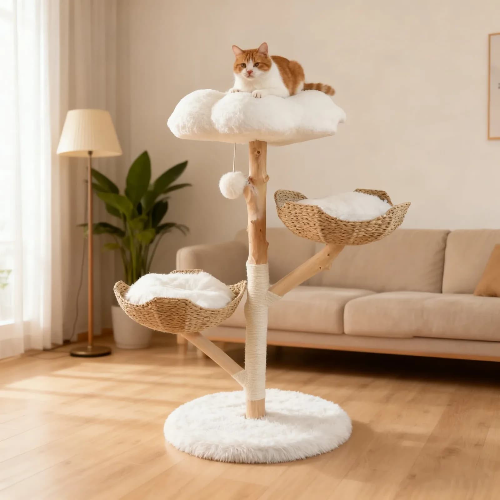 Luxury Natural Solid Wood Cat Tree Plush Cat Toy Sisal Column Jumping Platform Supports Customization Comes Carton Packaging