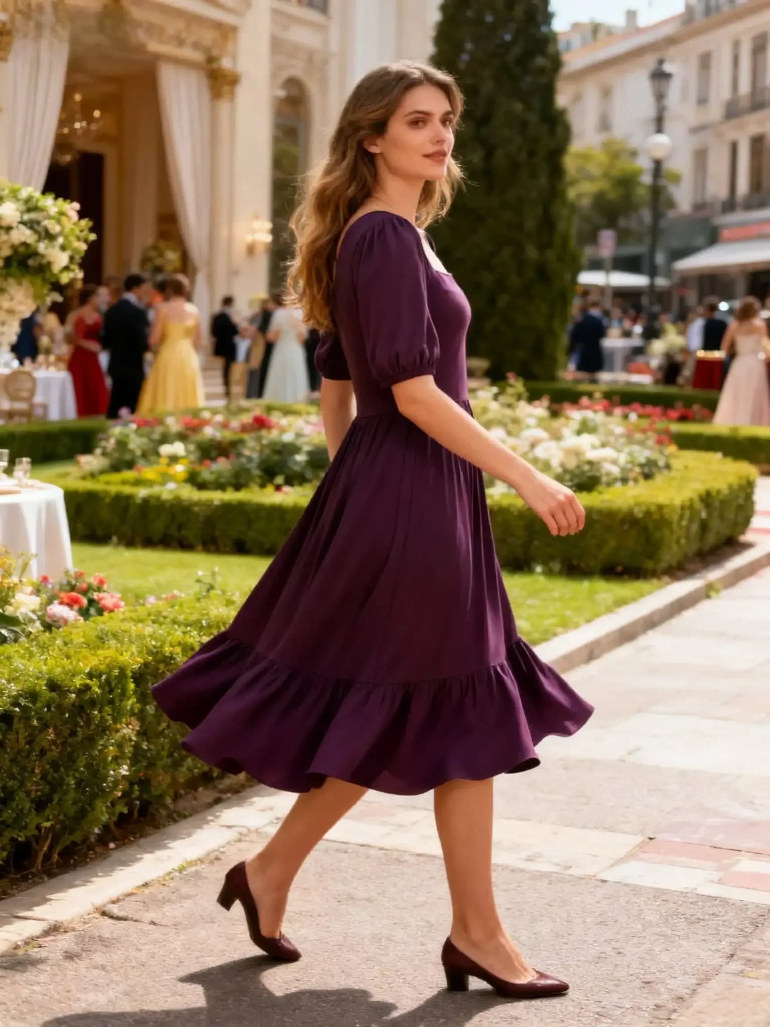 Elegant Square Neck Lantern Sleeve A-line Midi Dress Elastic Waist Spandex Rayon Breathable Party Dress