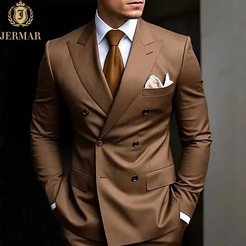 Men's Caramel Brown Double-breasted 2-piece Suit Peak Lapel Trajes Para Hombre Complet Pour Homme For Wedding Dinner