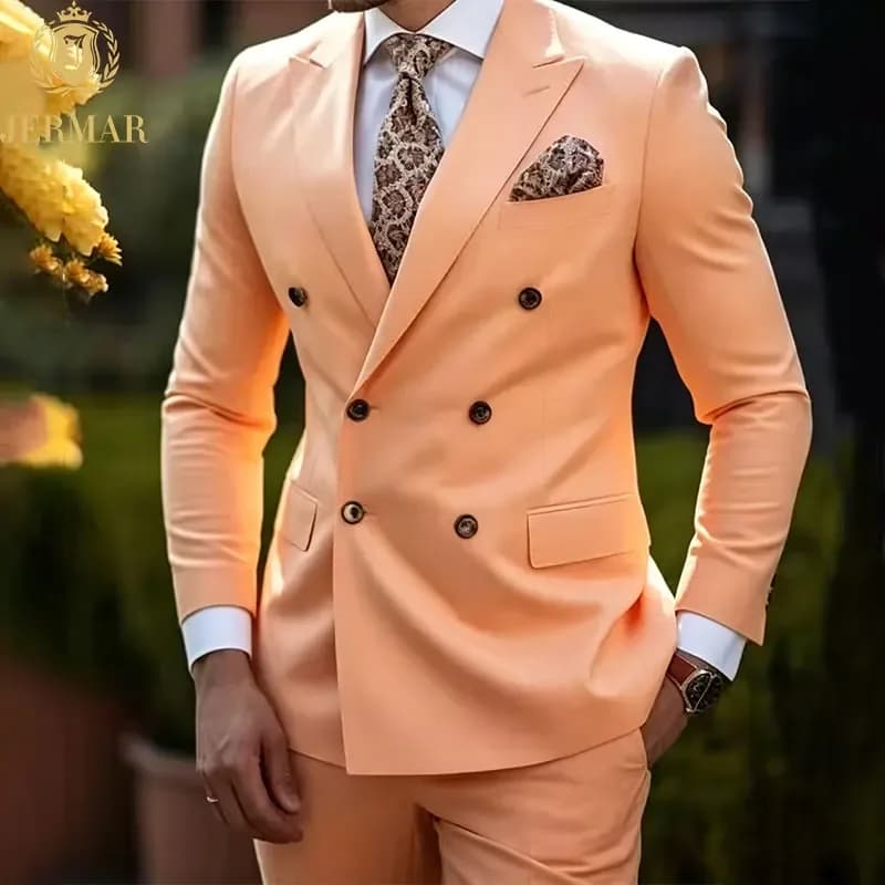 Men's Caramel Brown Double-breasted 2-piece Suit Peak Lapel Trajes Para Hombre Complet Pour Homme For Wedding Dinner